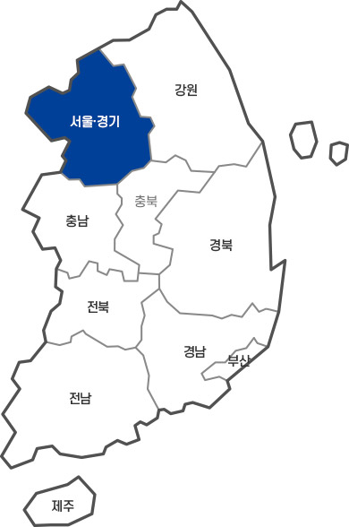 지도 - 서울경기, 강원, 충남, 충북, 전북, 경북, 전남, 경남, 부산, 제주